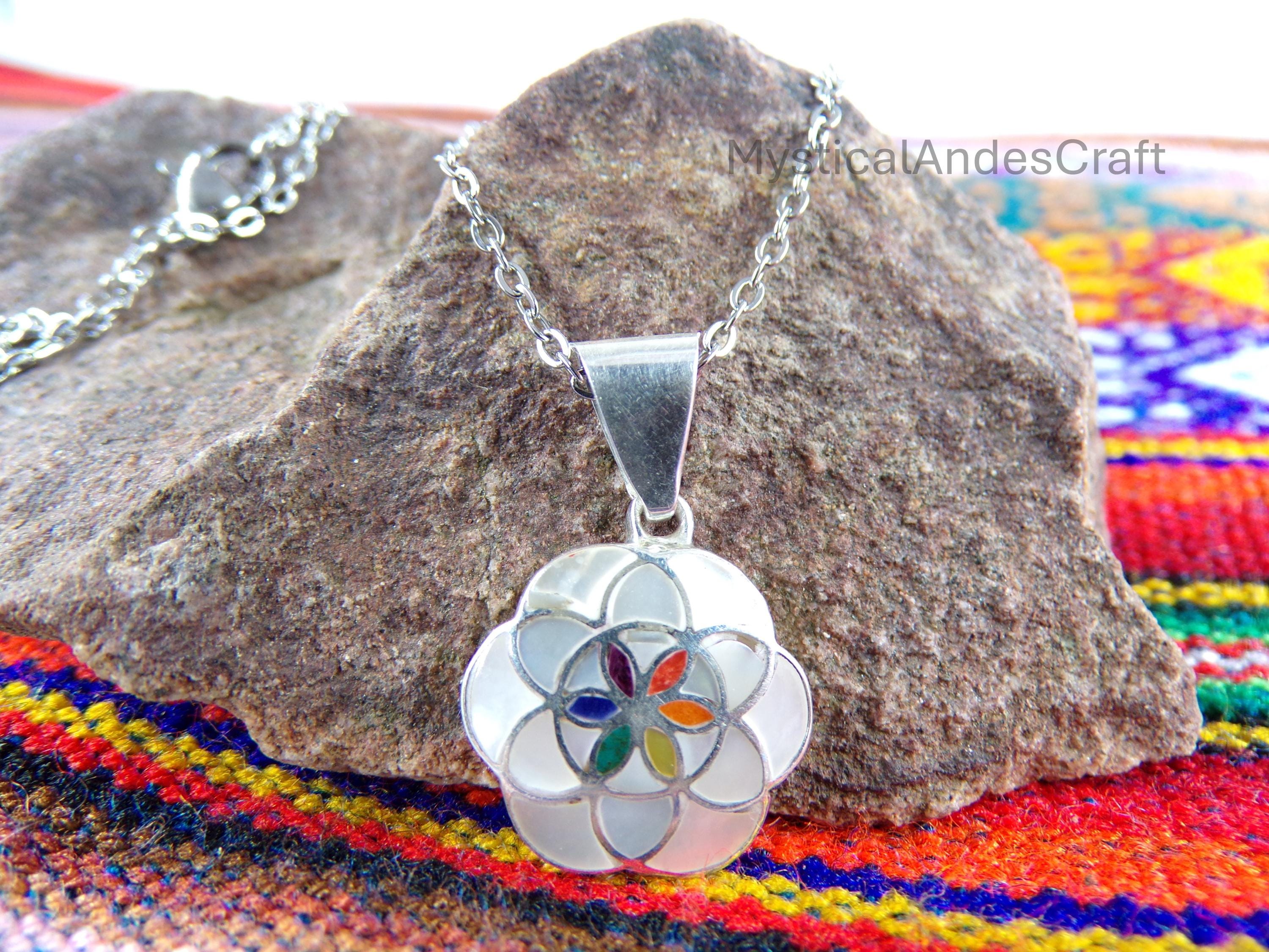Pendentif Ancien Péruvien En Argent Massif 950 - Motif Fleur Coloré Ethnique - Occasion