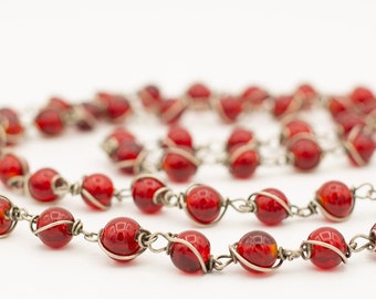 Vintage extra long caged glass bead necklace with wire wrapped red beads