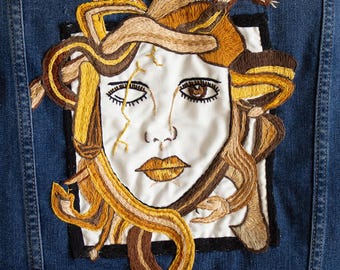 Hand embroidered Medusa denim jacket: dark wash, womens size 1X / plus size, one of a kind artwork