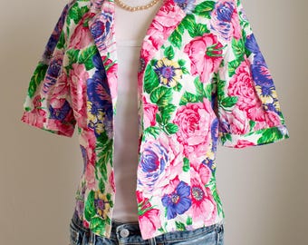 Vintage 90s bright colorful floral button up top with short sleeves: by Atelier Chemise Cotton Square, size S