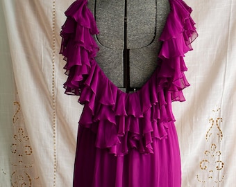 Designer vintage 1970s size M/L magenta chiffon evening gown by Wayne Clark for Aline Marelle, full length, low back with tiered ruffles