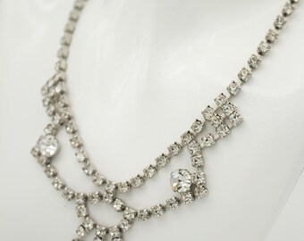 Vintage 1950s rhinestone festoon necklace prong-set in silver-tone metal, mid century bridal jewelry, crystal wedding necklace for bride