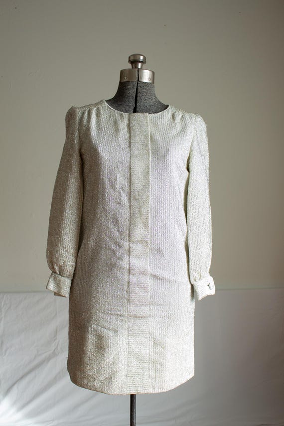 Vintage 1960s Metallic Silver Shift Dress , Rembrandt by Ole Borden: Mod Style Mini with Long Sleeves, Size Xs / S