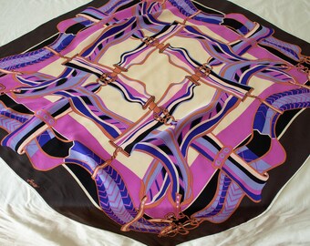 Pañuelo vintage de seda rosa, morado y negro de los años 70, de 89 x 89 cm, con estampado de volutas onduladas, de Jazzy para Stockton-Brown International.
