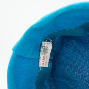 Puede incluir: Primer plano de un sombrero turquesa vintage con un exterior texturizado y un ribete de cinta de raso. Una etiqueta que dice "CANADA" est&aacute; adherida al sombrero. El interior del sombrero tiene un dise&ntilde;o similar a una red.