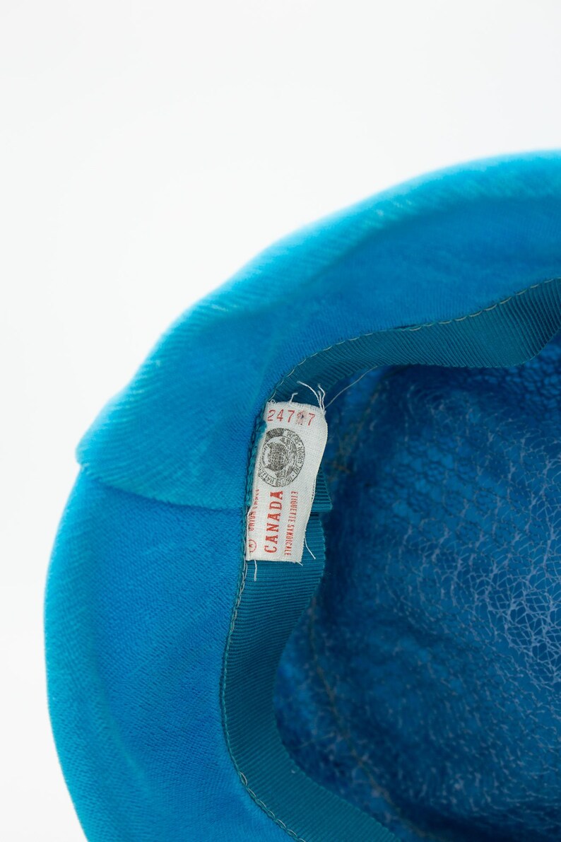 Puede incluir: Primer plano de un sombrero turquesa vintage con un exterior texturizado y un ribete de cinta de raso. Una etiqueta que dice "CANADA" est&aacute; adherida al sombrero. El interior del sombrero tiene un dise&ntilde;o similar a una red.