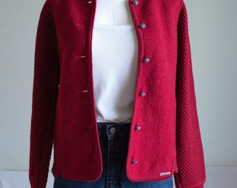 Vintage 1980s red wool cardigan by Geiger, Tyrolean sweater with floral buttons, made in Austria, size M