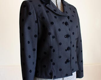 Vintage 1990s Rickie Freeman for Teri Jon black wool blend fitted jacket with velveteen polka dots and lapels, size 6