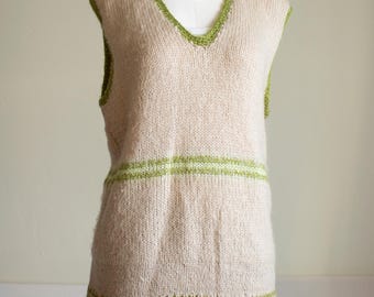 Vintage hand-knitted sweater vest, beige with green stripes and trim, mens size M