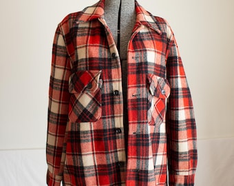 Vintage 1940s / 1950s Sears Hercules red, black, and white plaid wool chore coat: mens size M/L
