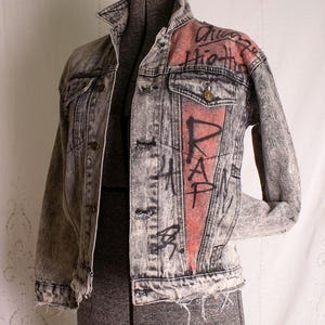 Vintage 1980s one of a kind hand-painted and distressed acid wash jean jacket, size small