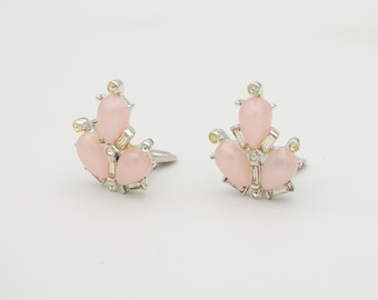 Vintage 1950s signed Kramer baby pink lucite & rhinestone silver tone clip-on earrings