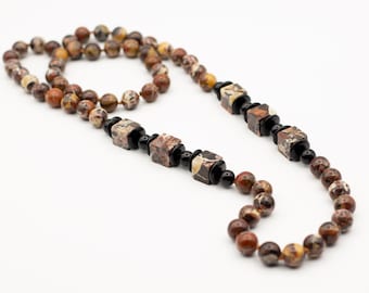Extra long hand-knotted poppy jasper and onyx boho beaded necklace