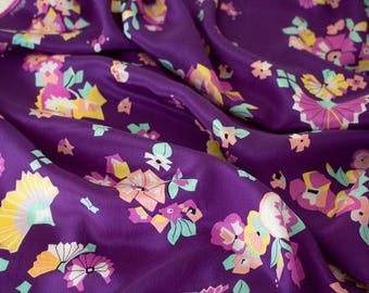 Vintage 1970s purple silk scarf 35x34" with pink and orange flowers and fans, artist print by Lucille Brown for Stockton-Brown International