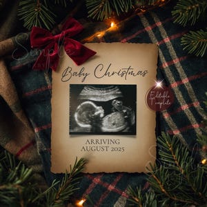 Faire-part de grossesse Noël vintage, faire-part de bébé neutre entre les sexes, carte de révélation simple bébé confortable, modèle modifiable hiver