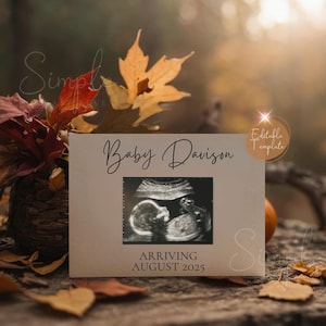 Einfache Herbst-Schwangerschaftsankündigung Digital, November Geschlechtsneutrale Babyankündigung, minimalistische Herbst-Baby-Enthüllungskarte, bearbeitbare Vorlage