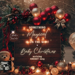 Faire-part de grossesse Noël magique numérique, faire-part de bébé de décembre, carte de Noël bébé révéler, modèle modifiable Surprise de vacances