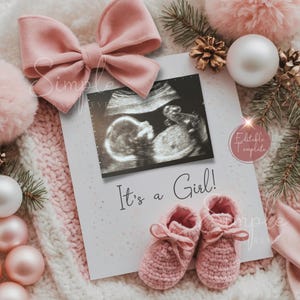 Einfache Weihnachtsmädchen Schwangerschaftansage Digital, Dezember Rosa Geschlecht Enthüllen, minimale Baby Schwester Enthüllen Karte, bearbeitbare Vorlage