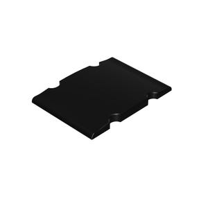May include: A solid black rectangular object with rounded corners and two curved cutouts on one side. The object has a smooth, reflective surface and appears to be made of a hard material.