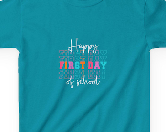 Glücklicher erster Schultag Kinder T-Shirt, Zurück zu Schulshirt, Baumwoll-T-Shirt für Kinder, Ersttags-Outfit, Schulfeierbekleidung