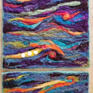 Colorful Abstract Fiber Art Wall Hanging: Felted Merino Wool Tapestry, Wood Painting