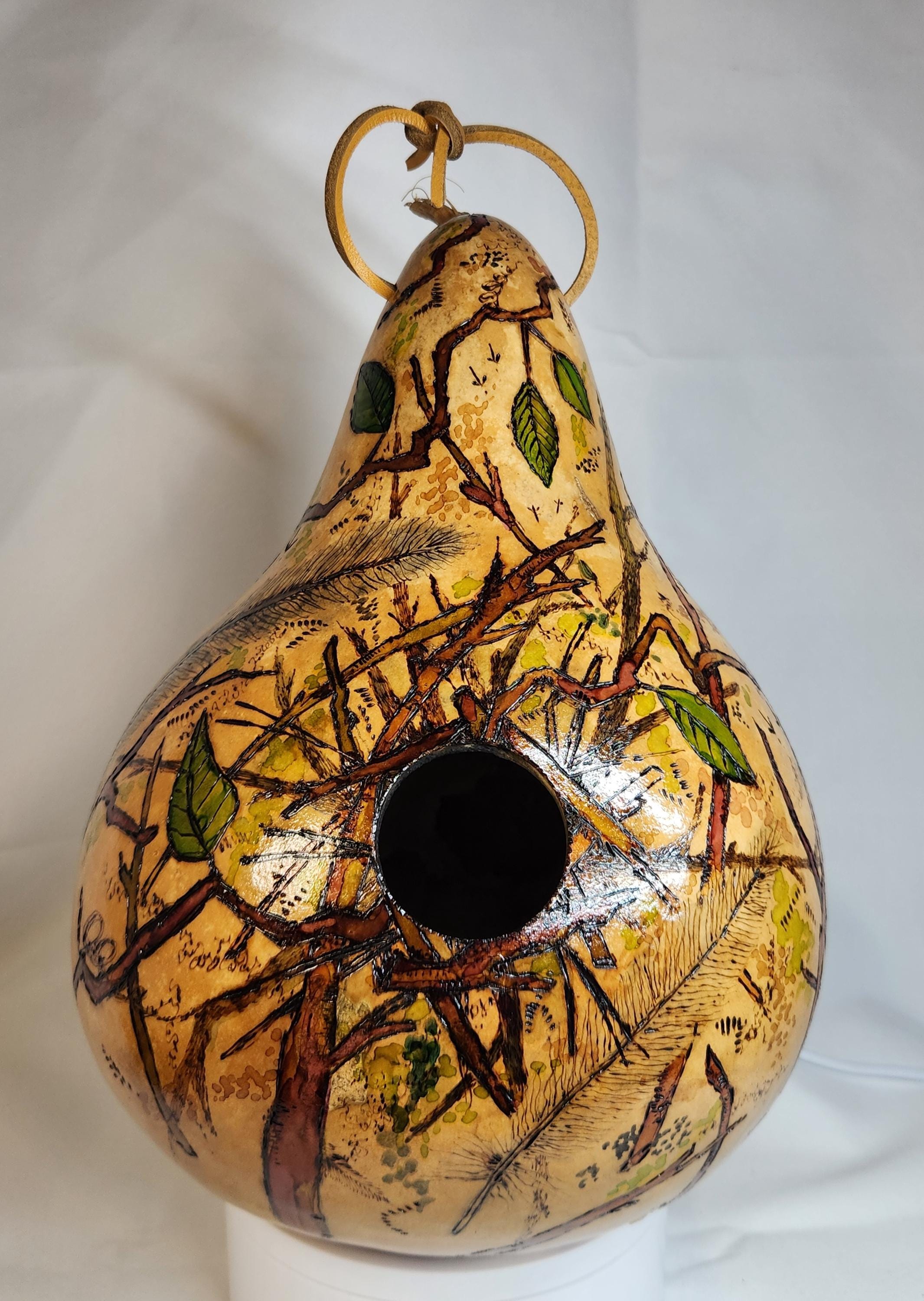 GOURD BIRDHOUSE with TREES, Organic Natural Design, Woodland Trees Garden Art, Handcrafted Woodburned Nest Box, Nature Lover New Home Gift