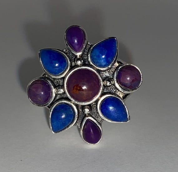 Sterling Silver Ring with ruby and lapis lazuli g… - image 2