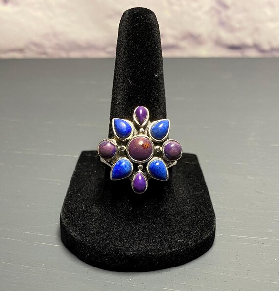 Sterling Silver Ring with ruby and lapis lazuli g… - image 1