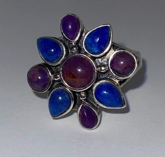 Sterling Silver Ring with ruby and lapis lazuli g… - image 3