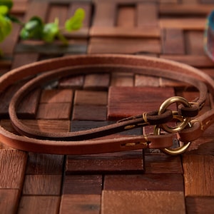 Può includere: Un guinzaglio per cani in pelle marrone chiaro con finiture in ottone. Il guinzaglio è arrotolato e presenta un anello in ottone e un accento in pelle marrone scuro. Lo sfondo è una superficie di legno.