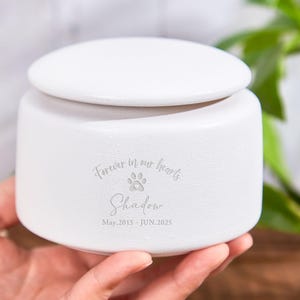 Op de afbeelding: Een witte keramische dierenurn met een deksel. De urn heeft de inscriptie "Forever in our hearts", een pootafdruk, de naam "Shadow" en de data "May, 2015 - JUN, 2025". De urn wordt in een hand gehouden.