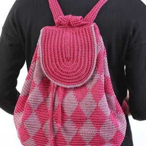 Può includere: Uno zaino in crochet rosa e viola con un motivo a rombi. Lo zaino ha una chiusura a coulisse e spalline regolabili.