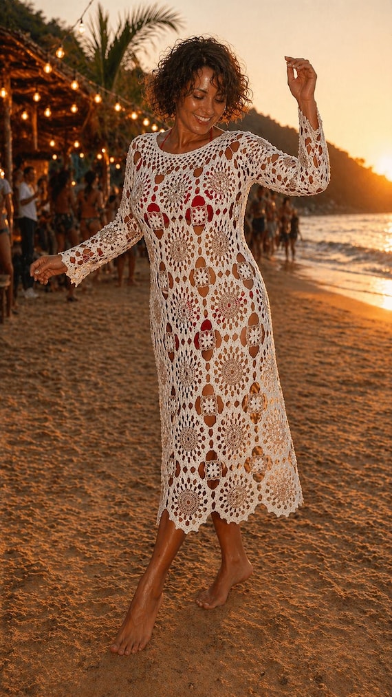 beige crochet dress Handmade Knit Knit
