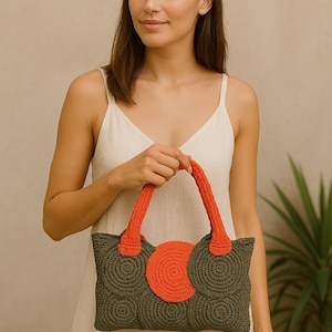 Handknitted Macrame Handbag, Small Lined Bag for Women, Dark Green and Orange Purse, Boho Handmade Bag, Crochet Style Tote