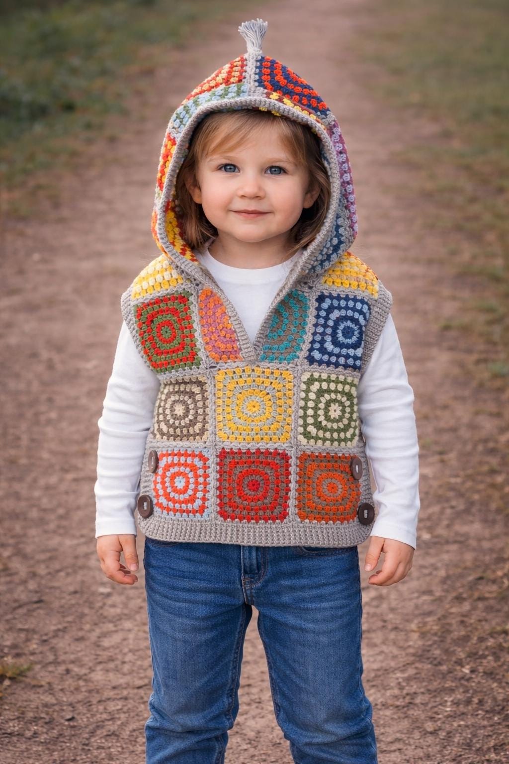 Handmade Crochet Granny Square, Hooded Unisec Kids Vest