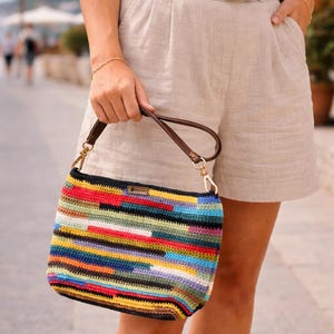 Handmade Crochet Bag with Genuine Leather Strap, Multicolor Zero-Waste Knitted Bag