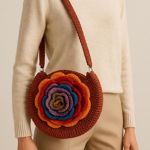 Bolso de macramé de algodón brillante con diseño floral, bolso de mano y de hombro con diseño de rosas de crochet