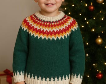 手編みのノルディックフェアアイル柄キッズセーター - クリスマス幼児用ジャンパー、男の子と女の子の冬用ウールニット