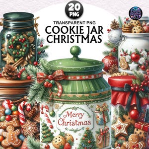 Op de afbeelding: Een digitale illustratie met verschillende glazen koekjespotten met kerstversiering. De potten zijn gevuld met koekjes, zuurstokken en feestelijk groen. De tekst "COOKIE JAR CHRISTMAS" is afgebeeld.