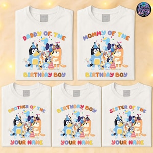 Camiseta de personajes de la película Bluey, camiseta de cumpleañero, camiseta familiar a juego, camiseta de cumpleaños de Bluey, camiseta de cumpleaños personalizada, camiseta familiar de Bluey