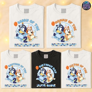 Camiseta de cumpleaños de Bluey, camiseta de personajes de la película Bluey, camiseta familiar a juego, camiseta de cumpleañero, camiseta con nombre personalizado, camiseta personalizada