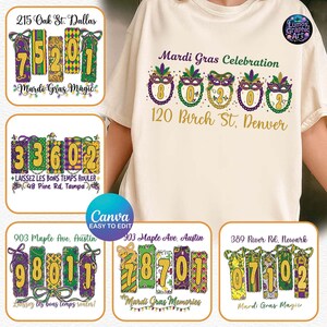 May include: A cream-coloured t-shirt featuring a Mardi Gras Celebration design. The design includes masks with numbers and the text "120 Birch St, Denver". Additional designs feature addresses and the text "Mardi Gras Magic" and "Laissez les bons temps rouler".