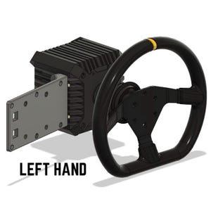 Puede incluir: Un volante negro con una franja amarilla y una base negra está conectado a una placa de montaje gris y a un componente rectangular negro. El texto "LEFT HAND" está impreso en negro debajo.