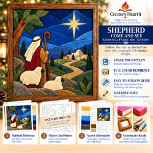 Pode incluir: Um padrão de arte em tecido Kinusaiga intitulado Shepherd Come and See da Creator's Hearth. A imagem mostra um pastor com duas ovelhas sob uma estrela brilhante, um caminho para uma aldeia e quatro painéis informativos sobre o conteúdo do PDF.