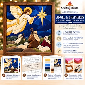 May include: A Kinusaiga fabric art pattern titled Angel & Shepherds featuring a framed image of an angel appearing to shepherds with sheep under a star. Includes a 4-page PDF pattern, full-colour reference, guide, and construction steps.