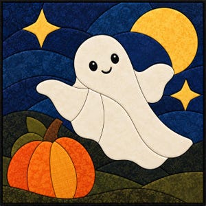 May include: A fabric quilt block featuring a white ghost with a smiling face floating above an orange pumpkin. The background displays a dark blue night sky with a yellow moon and two four-pointed stars, set over rolling green hills.