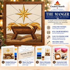 May include: A Kinusaiga fabric art pattern titled The Manger, featuring a star above a manger in a wooden frame. The digital download includes a 4-page PDF, a full-colour reference, an easy-to-follow guide, and multiple sizes for printing.
