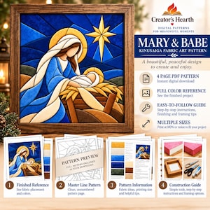 May include: A digital Kinusaiga fabric art pattern titled Mary & Babe, featuring a stained-glass style nativity scene with a blue, gold, and brown color palette. The set includes a 4-page PDF, color reference, instructions, and construction guide.