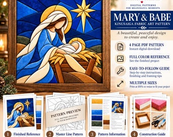 Op de afbeelding: Een digitaal Kinusaiga-stofkunstpatroon genaamd Mary & Babe, met een kersttafereel in glas-in-loodstijl in blauw, goud en bruin. De set bevat een PDF-patroon van 4 pagina's, een kleurreferentie, instructies en een constructiegids.