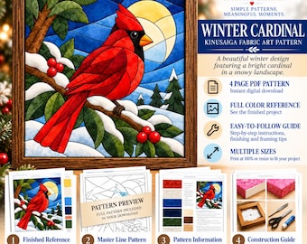 Puede incluir: Un patrón de arte en tela Kinusaiga titulado Winter Cardinal de Creator's Hearth. La imagen muestra un cardenal rojo en una rama nevada contra un cielo azul y un sol amarillo. Incluye un PDF de 4 páginas, referencia de color y guía.